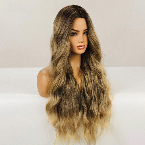 Long Brown Natural Wavy Machine Made Synthetic Hair Wig