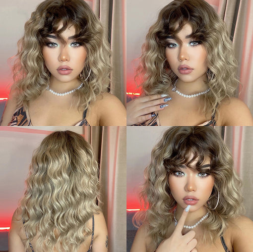 Long Ombre Brown Blonde Water Wavy Machine Made Synthetic Hair Wig With Bangs