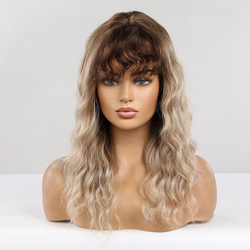 Long Ombre Brown Blonde Water Wavy Machine Made Synthetic Hair Wig With Bangs