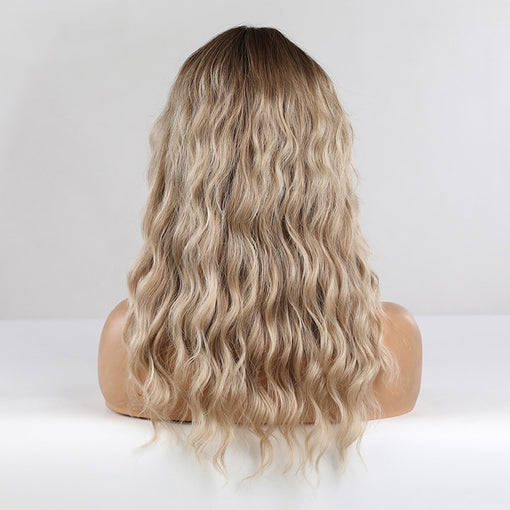 Long Ombre Brown Blonde Water Wavy Machine Made Synthetic Hair Wig With Bangs