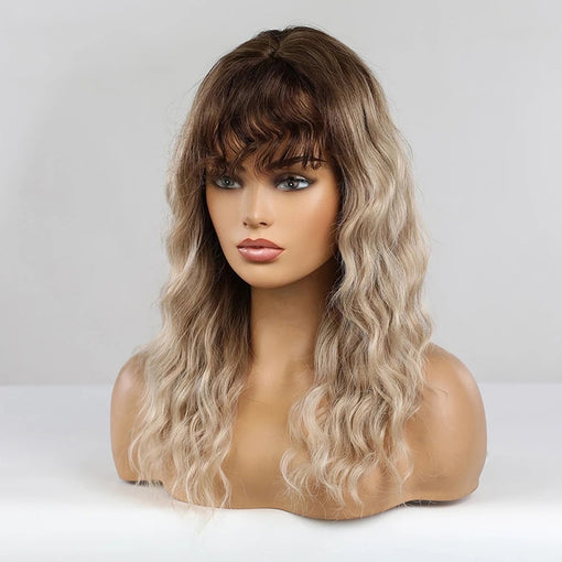 Long Ombre Brown Blonde Water Wavy Machine Made Synthetic Hair Wig With Bangs