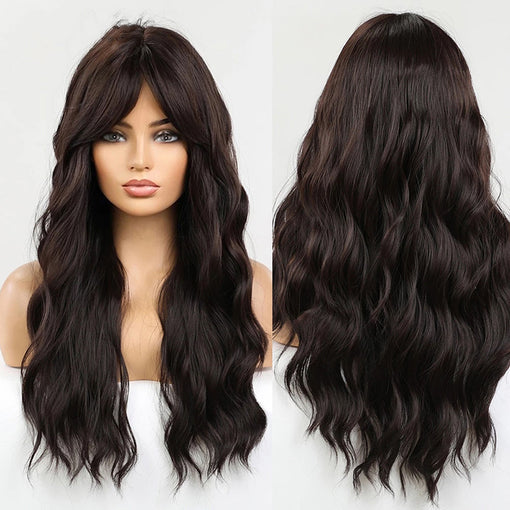 Long Dark Brown Natural Wavy Machine Made Synthetic Hair Wig With Bangs