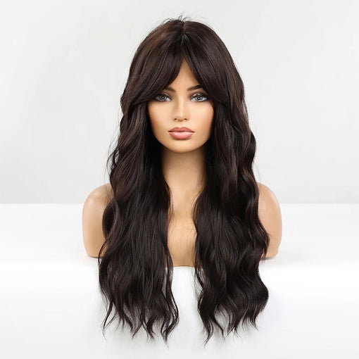 Long Dark Brown Natural Wavy Machine Made Synthetic Hair Wig With Bangs