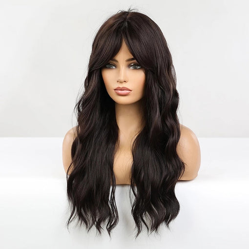 Long Dark Brown Natural Wavy Machine Made Synthetic Hair Wig With Bangs