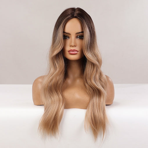 Long Ombre Brown Blonde Natural Wavy Machine Made Synthetic Hair Wig