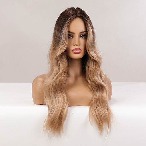 Long Ombre Brown Blonde Natural Wavy Machine Made Synthetic Hair Wig