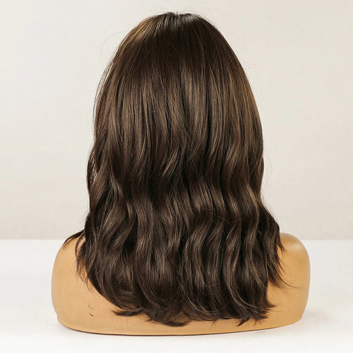 Medium Length Brown Natural Wavy Machine Made Synthetic Hair Wig With Bangs
