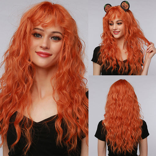 Long Orange Water Wavy Machine Made Synthetic Hair Wig With Bangs