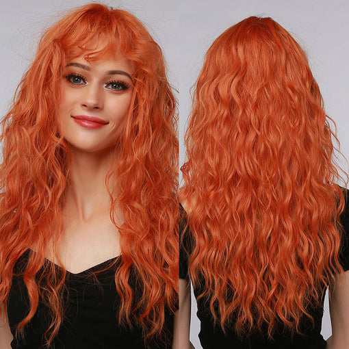 Long Orange Water Wavy Machine Made Synthetic Hair Wig With Bangs