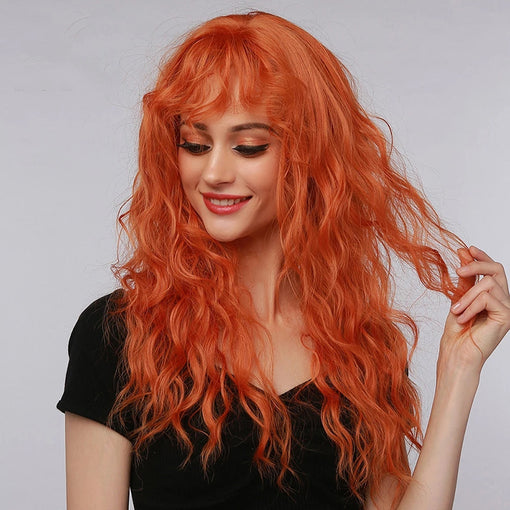 Long Orange Water Wavy Machine Made Synthetic Hair Wig With Bangs