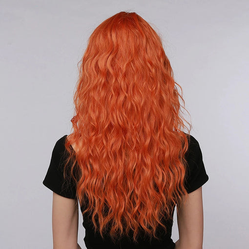 Long Orange Water Wavy Machine Made Synthetic Hair Wig With Bangs