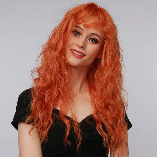 Long Orange Water Wavy Machine Made Synthetic Hair Wig With Bangs