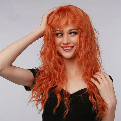 Long Orange Water Wavy Machine Made Synthetic Hair Wig With Bangs