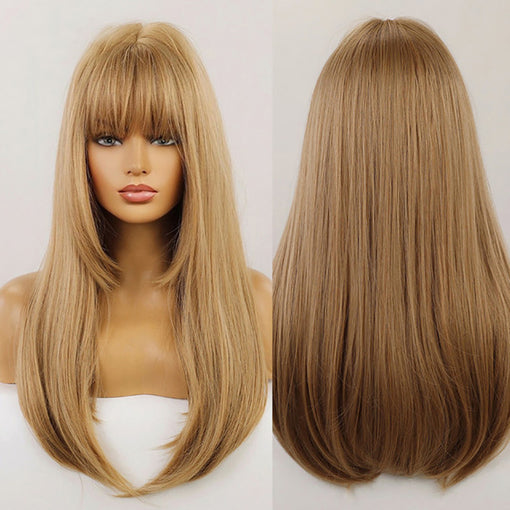 Long Light Brown Straight Machine Made Synthetic Hair Wig With Bangs
