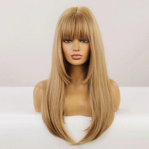 Long Light Brown Straight Machine Made Synthetic Hair Wig With Bangs