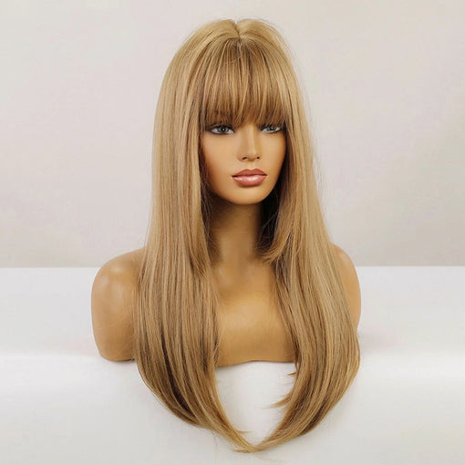 Long Light Brown Straight Machine Made Synthetic Hair Wig With Bangs