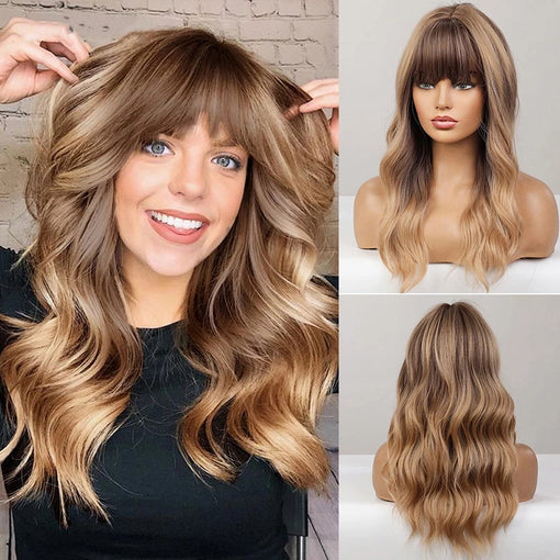 Long Brown Blonde Highlight Natural Wavy Machine Made Synthetic Hair Wig With Bangs