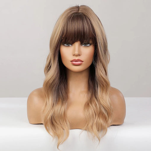 Long Brown Blonde Highlight Natural Wavy Machine Made Synthetic Hair Wig With Bangs