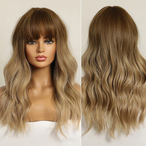 Long Ombre Light Brown Natural Wavy Machine Made Synthetic Hair Wig With Bangs