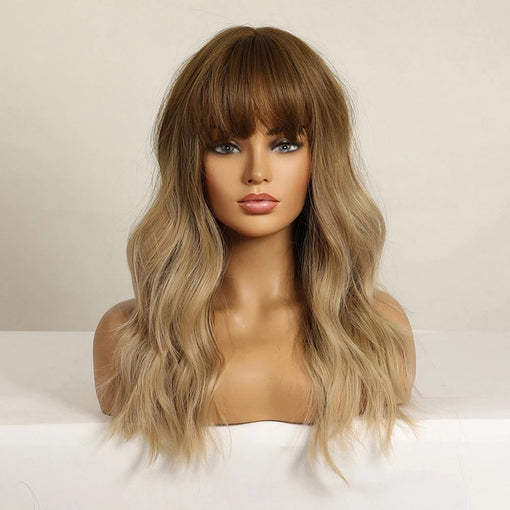 Long Ombre Light Brown Natural Wavy Machine Made Synthetic Hair Wig With Bangs