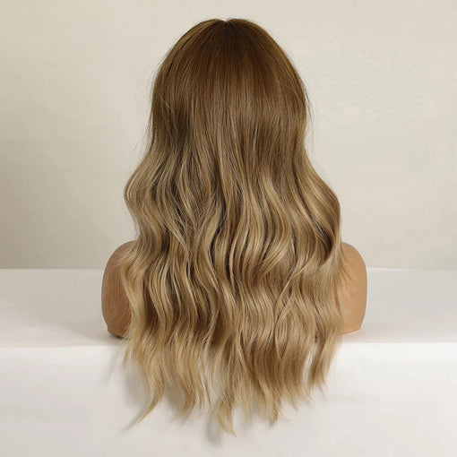 Long Ombre Light Brown Natural Wavy Machine Made Synthetic Hair Wig With Bangs