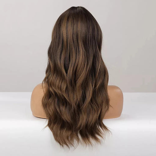 Medium Length Brown Natural Wavy Machine Made Synthetic Hair Wig With Bangs