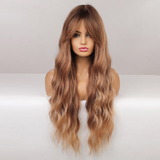 Long Brown Natural Wavy Machine Made Synthetic Hair Wig With Bangs
