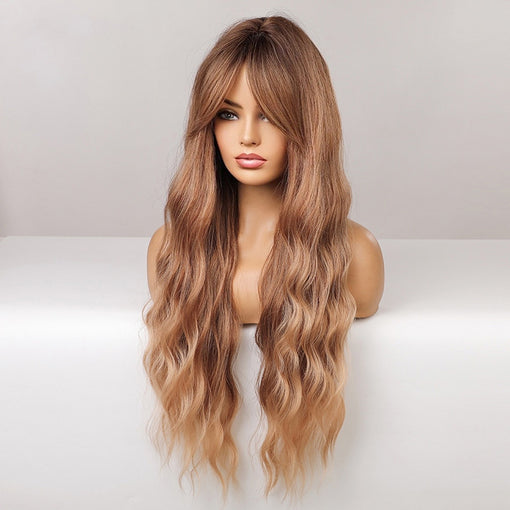 Long Brown Natural Wavy Machine Made Synthetic Hair Wig With Bangs