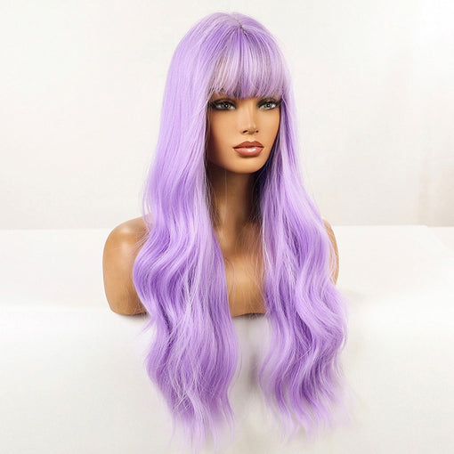 Long Purple Natural Wavy Machine Made Synthetic Hair Wig With Bangs