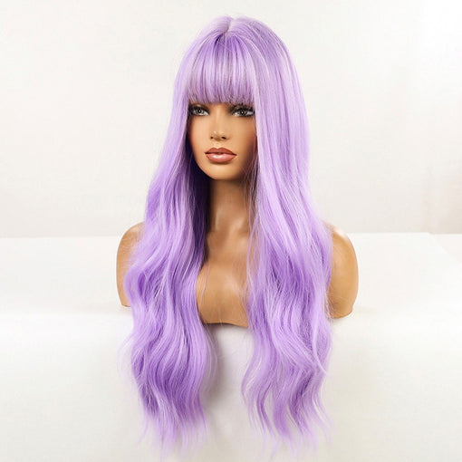 Long Purple Natural Wavy Machine Made Synthetic Hair Wig With Bangs
