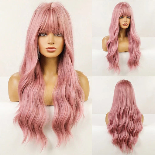 Long Pink Natural Wavy Machine Made Synthetic Hair Wig With Bangs
