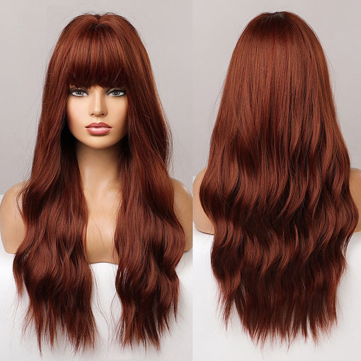 Long Red Brown Natural Wavy Machine Made Synthetic Hair Wig With Bangs