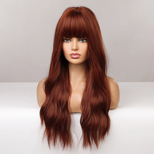 Long Red Brown Natural Wavy Machine Made Synthetic Hair Wig With Bangs