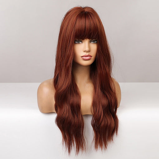 Long Red Brown Natural Wavy Machine Made Synthetic Hair Wig With Bangs
