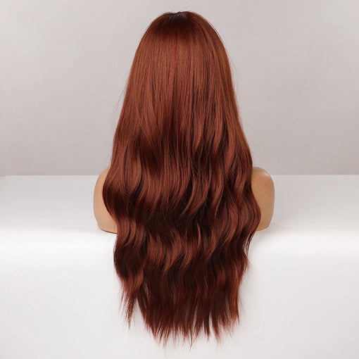 Long Red Brown Natural Wavy Machine Made Synthetic Hair Wig With Bangs