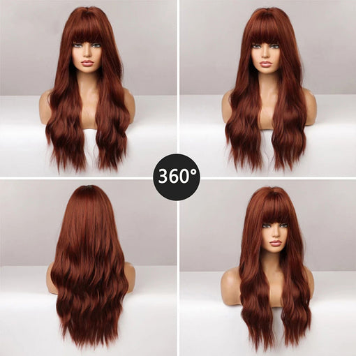 Long Red Brown Natural Wavy Machine Made Synthetic Hair Wig With Bangs