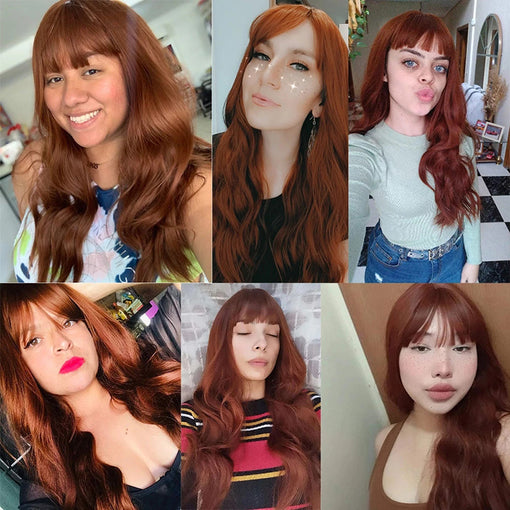 Long Red Brown Natural Wavy Machine Made Synthetic Hair Wig With Bangs