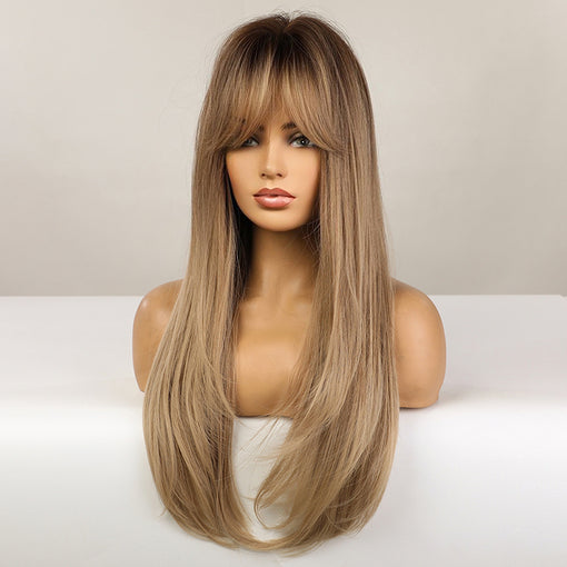 Long Brown Root Blonde Straight Machine Made Synthetic Hair Wig With Bangs