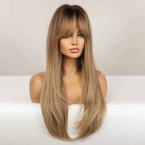 Long Brown Root Blonde Straight Machine Made Synthetic Hair Wig With Bangs