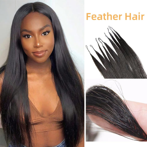 Invisible Feather Hair Silky Straight #1B Medium Bown Remy Human Hair Extensions [FEATSS001]