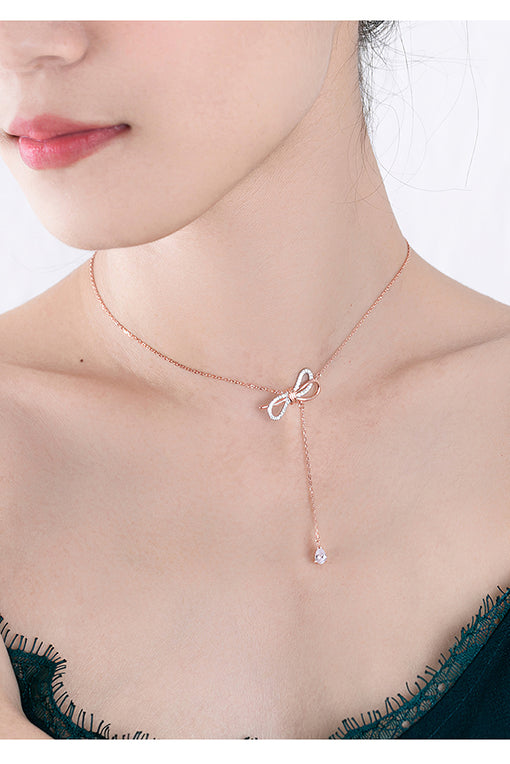 Bow Pendant Silver Necklace Sweater Chain [INLA236]