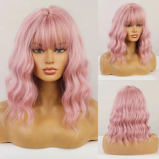 Short Pink Natural Wavy Machine Made Synthetic Hair Wig With Bangs