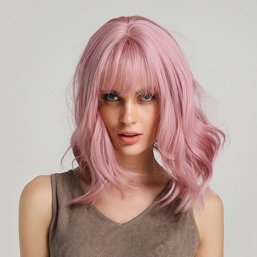 Short Pink Natural Wavy Machine Made Synthetic Hair Wig With Bangs