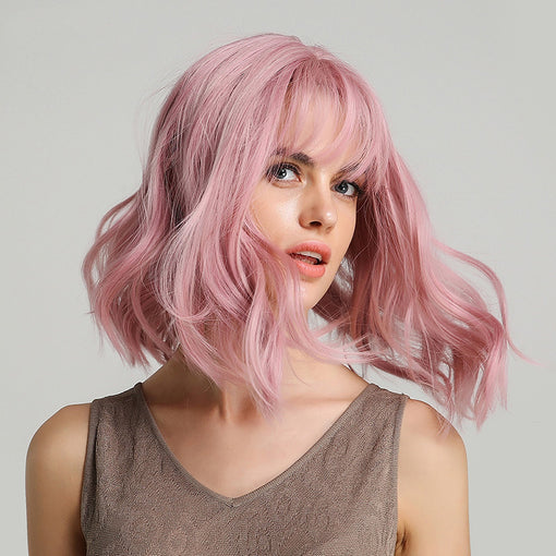 Short Pink Natural Wavy Machine Made Synthetic Hair Wig With Bangs