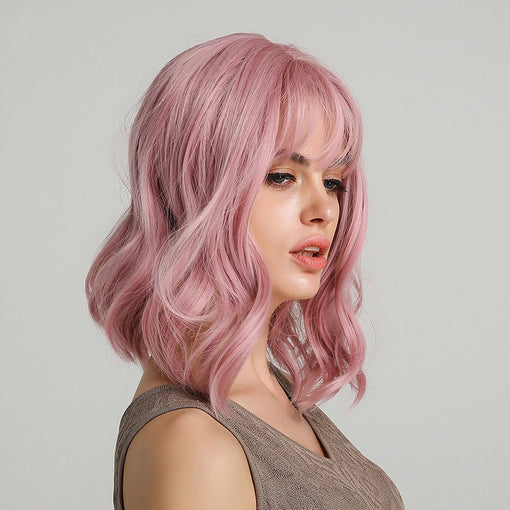 Short Pink Natural Wavy Machine Made Synthetic Hair Wig With Bangs