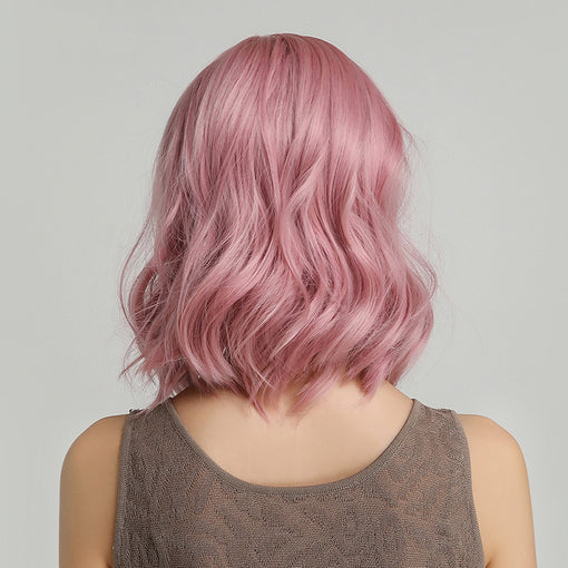 Short Pink Natural Wavy Machine Made Synthetic Hair Wig With Bangs