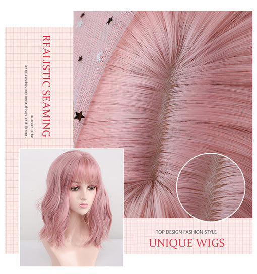 Short Pink Natural Wavy Machine Made Synthetic Hair Wig With Bangs