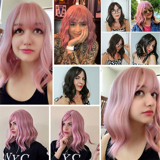 Short Pink Natural Wavy Machine Made Synthetic Hair Wig With Bangs