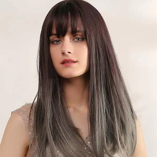 Medium Length Ombre Brown Straight Machine Made Synthetic Hair Wig With Bangs