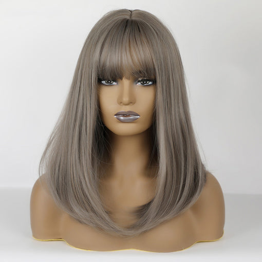 Medium Length Ash Grey Straight Machine Made Synthetic Hair Wig With Bangs